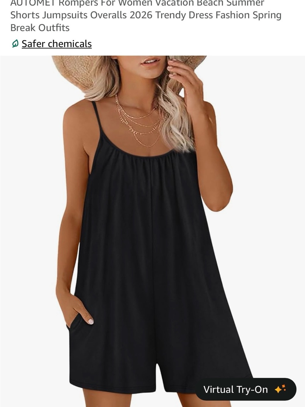 Women’s Black Spaghetti-Strap Romper with Pockets